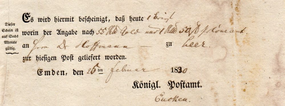 Emden Postschein 1830 Emden Postschein 1830